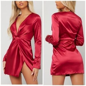 SHEIN BAE Twist Front Wrap Deep-V Split Hem Satin Mini Dress in Deep Red